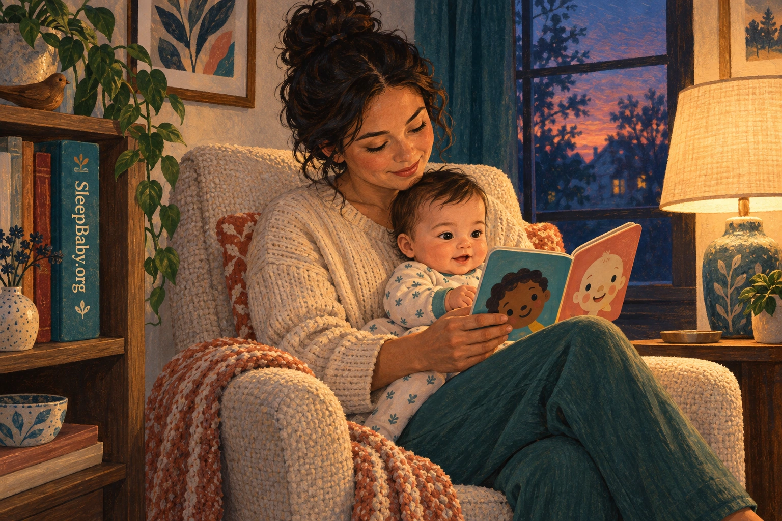 An awake baby and parent look at a book together in a softly lit room.