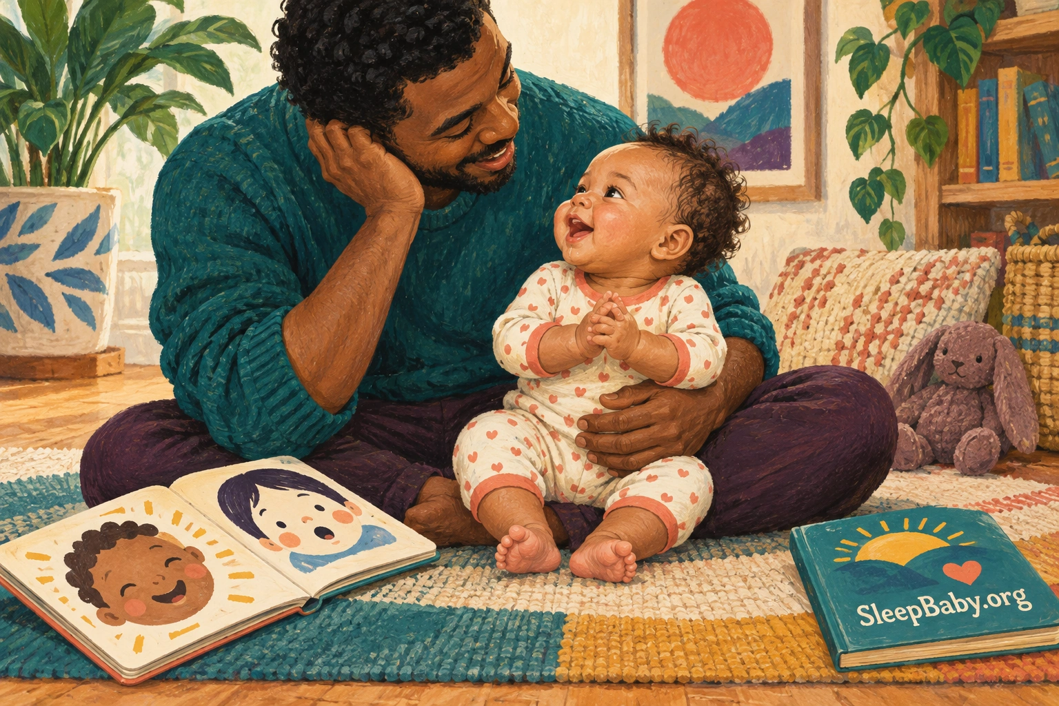 A father and baby share a face-to-face exchange beside a picture book.