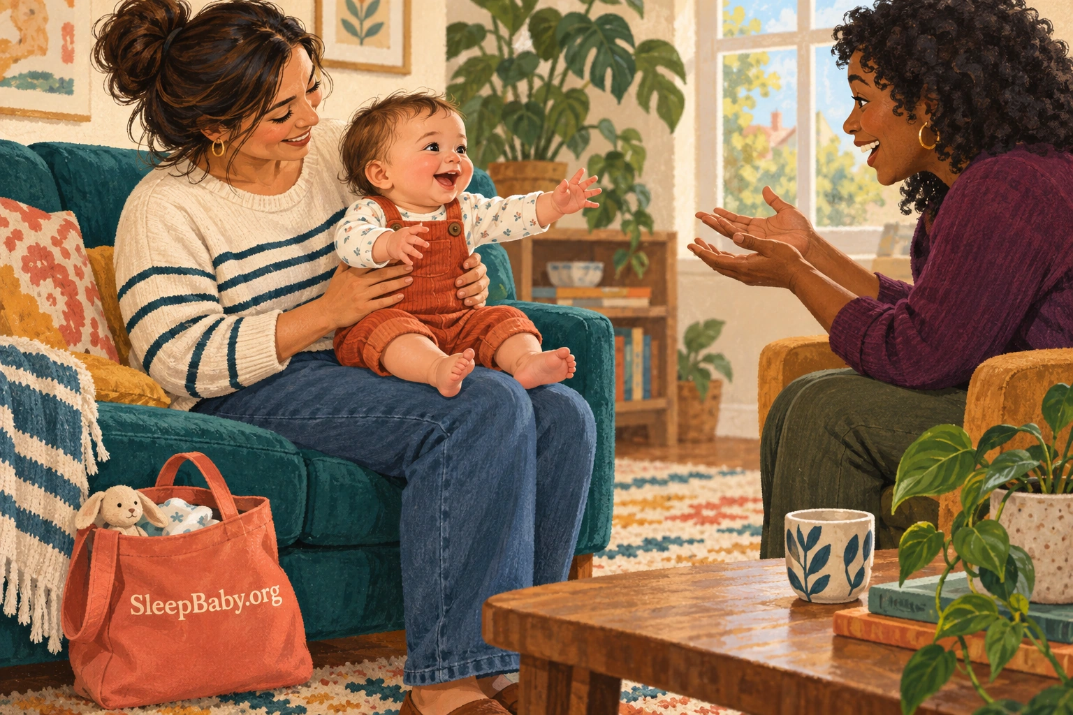A baby smiles at a visitor while securely supported on a parent's lap.