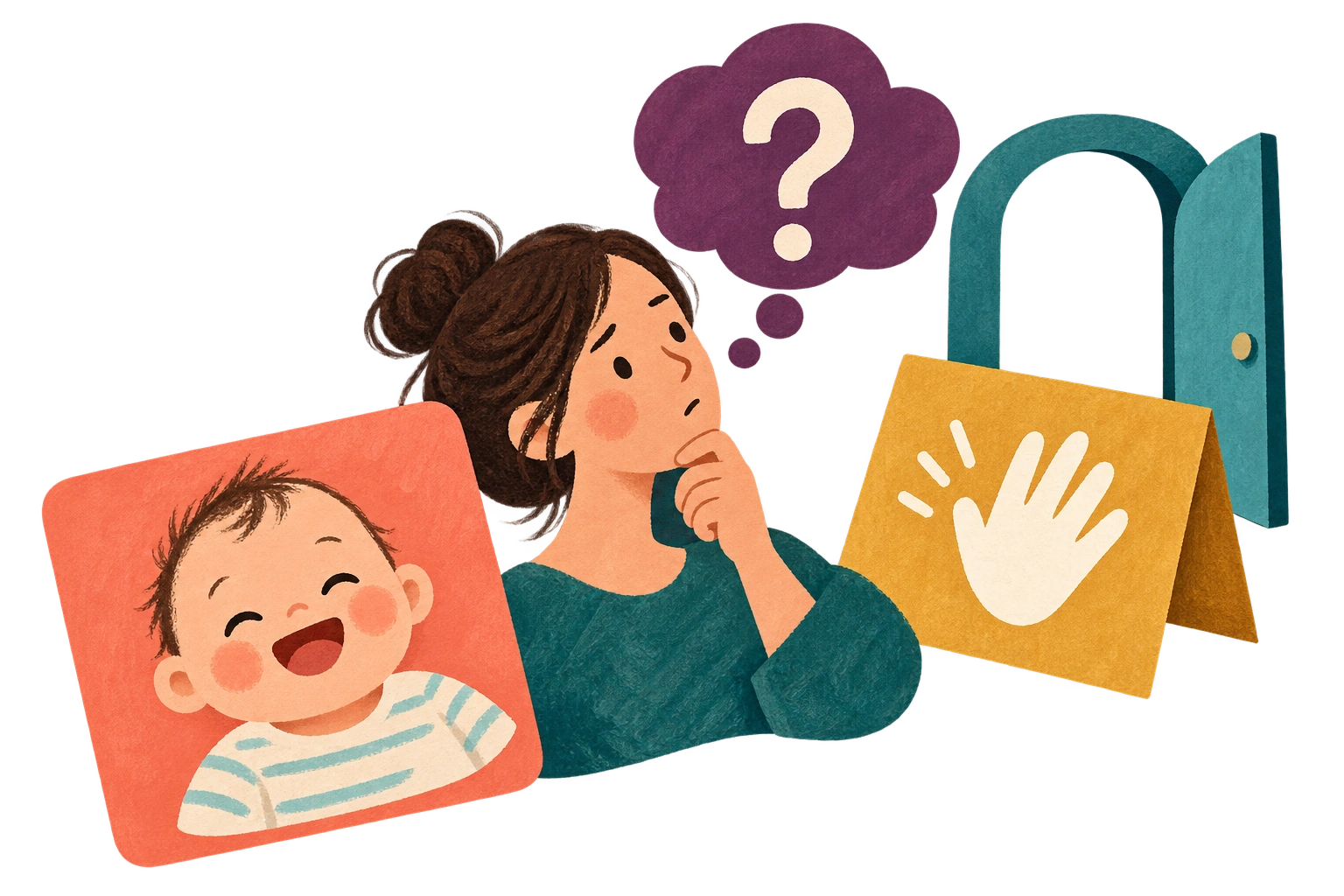 Illustrated baby portrait, questioning parent, doorway and greeting card.