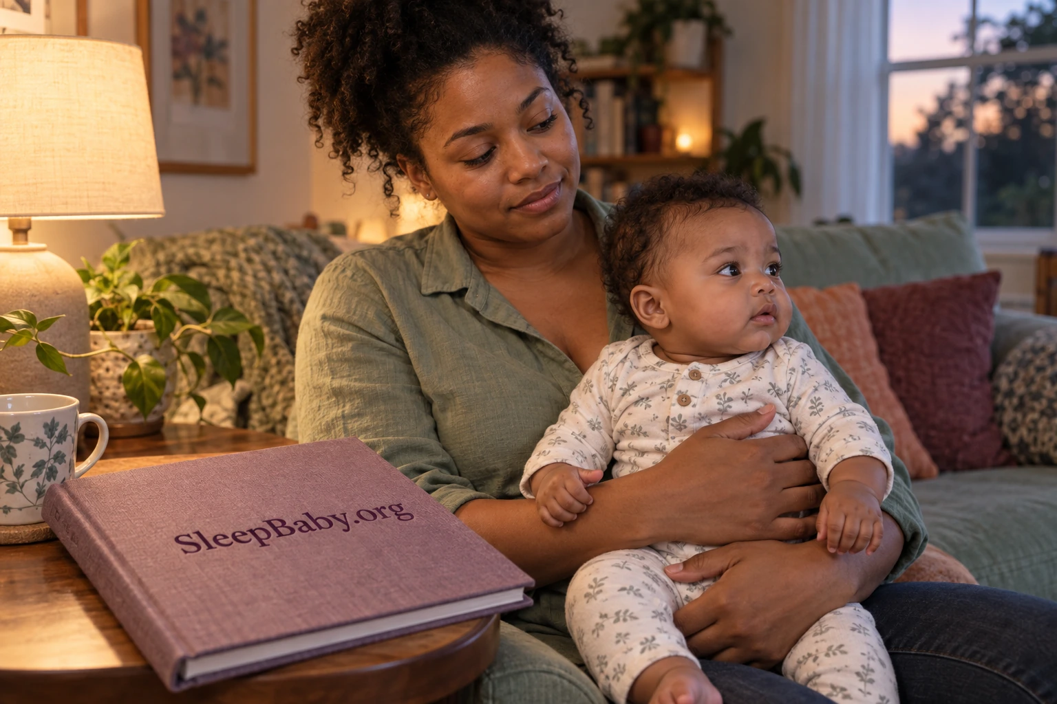 An attentive parent holds an awake baby who looks to the side, beside a SleepBaby.org care notebook.
