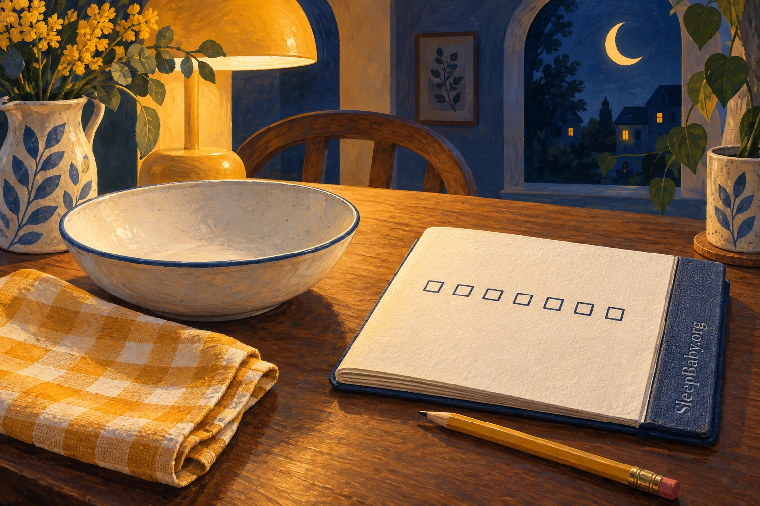 A clean breakfast bowl sits beside a notebook with seven empty checkboxes in lamplight.