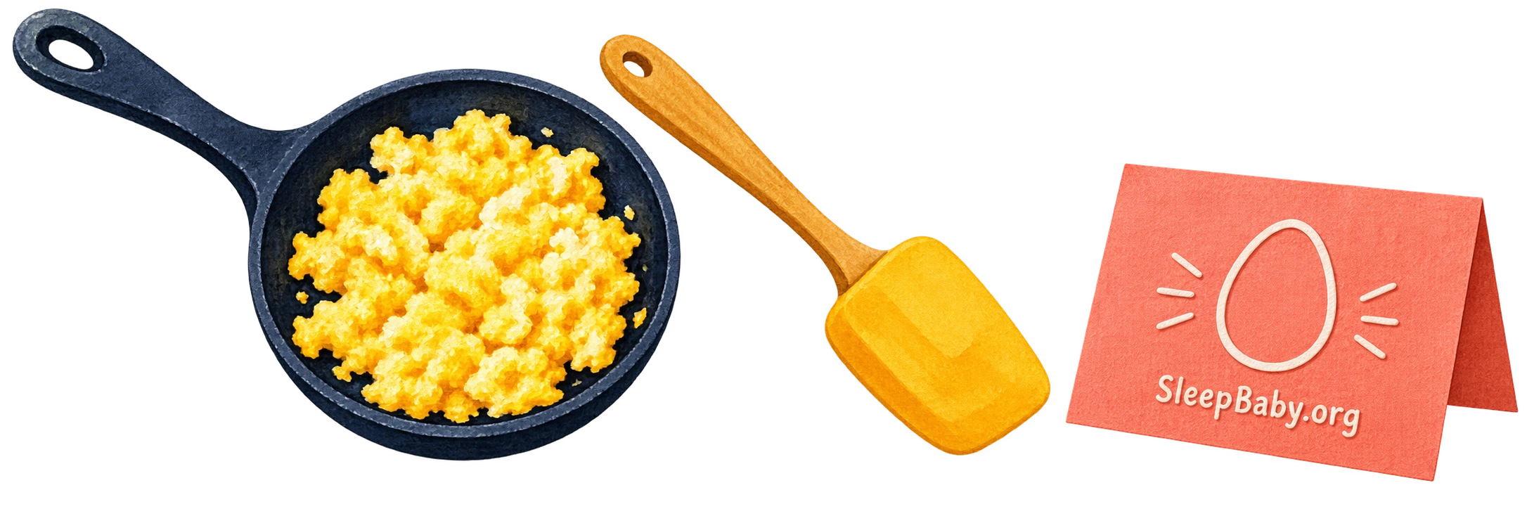 A pan of cooked scrambled egg, spatula, and egg recipe card form a painted divider.