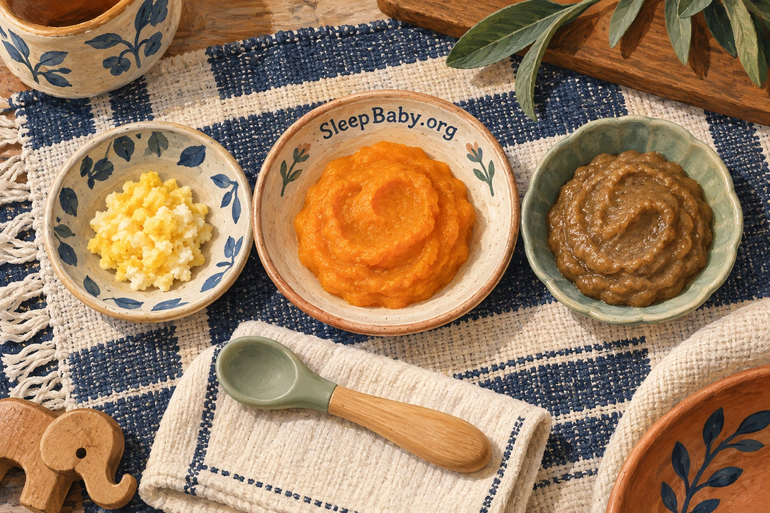Small dishes hold mashed cooked egg, sweet potato, and lentil mash.