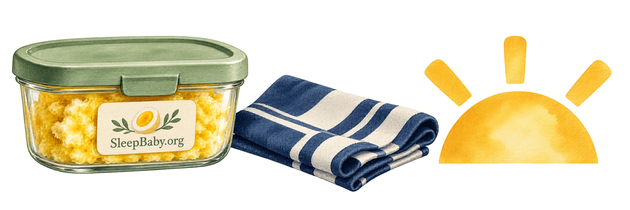 A lidded cooked-egg container, folded napkin, and sunrise form a painted divider.