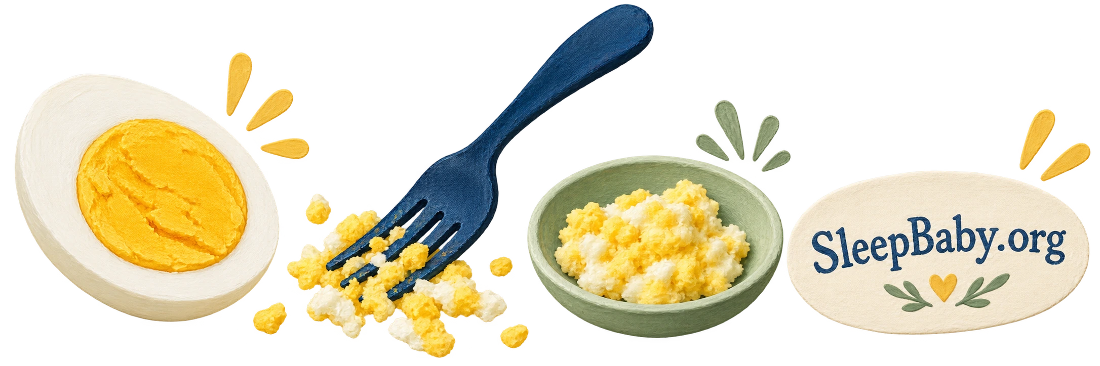 A firm cooked egg, fork, and bowl of mashed egg form a painted divider.