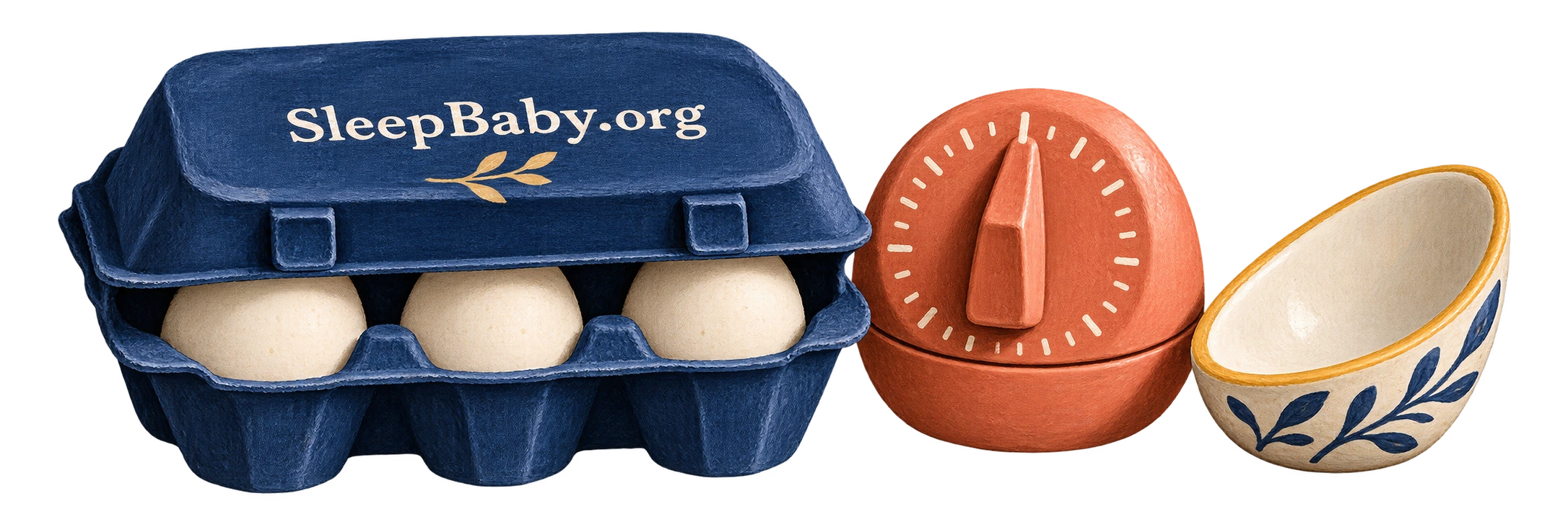 An egg carton, kitchen timer, and empty egg-shaped dish form a painted divider.