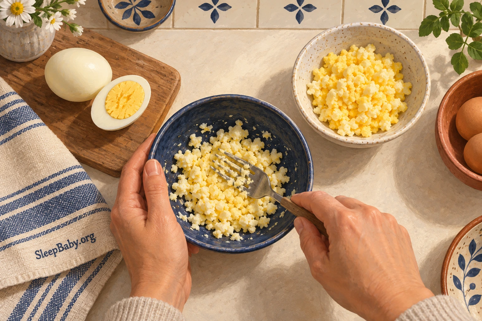 Adult hands finely mash a cooked egg with a fork beside a bowl of soft cooked egg.
