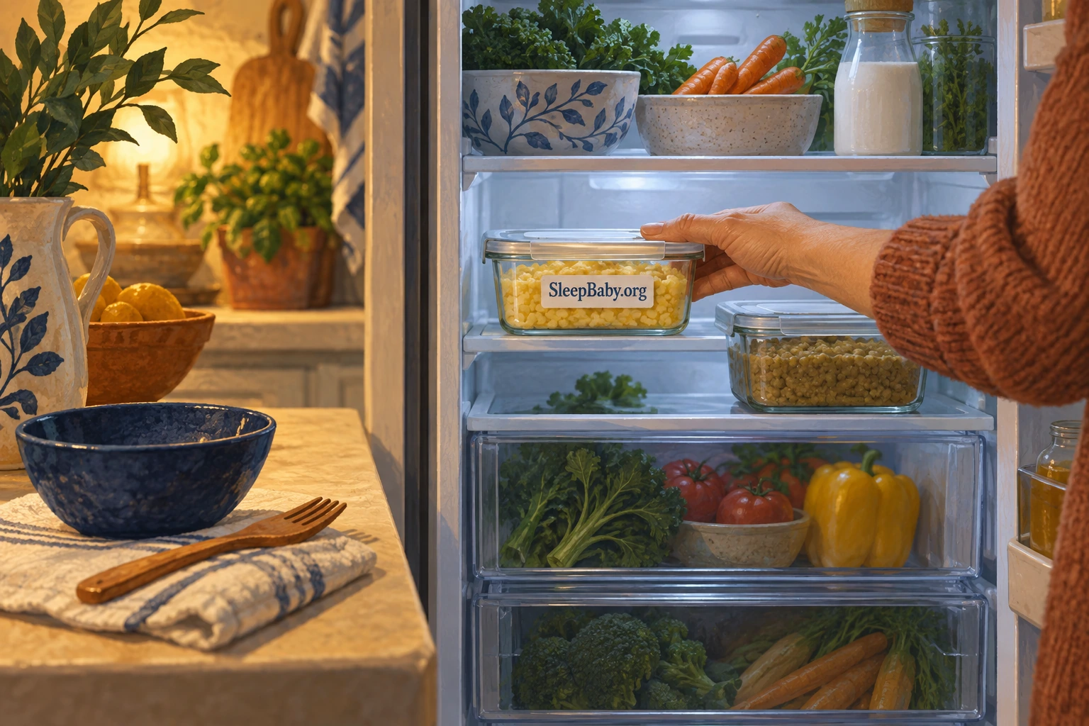 An adult places a covered container of cooked egg in the refrigerator.