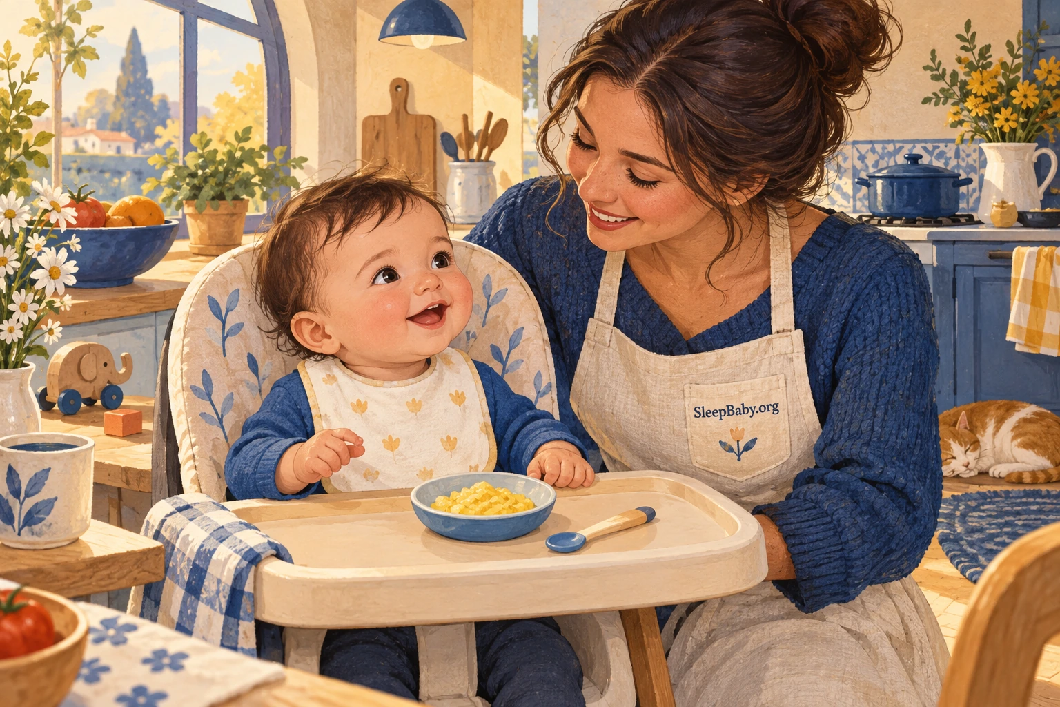 A baby sits upright in a high chair beside a caregiver, with a small bowl of cooked egg.