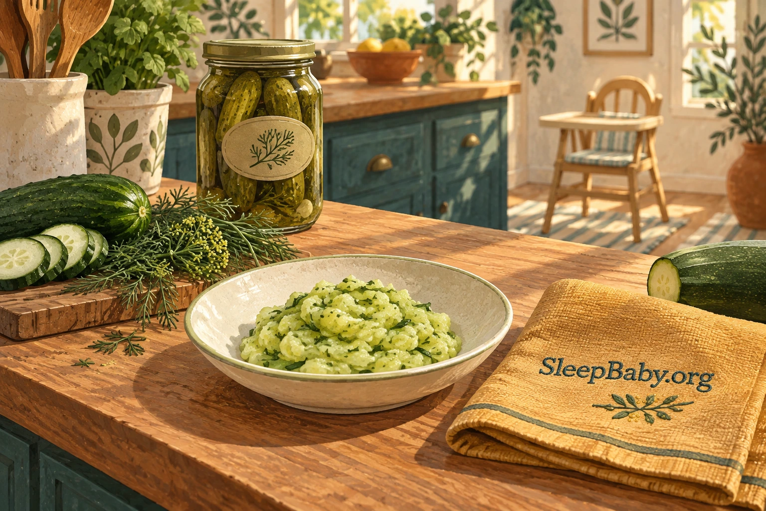 Closed pickle jar behind a bowl of mashed green vegetables on a sunlit kitchen counter.