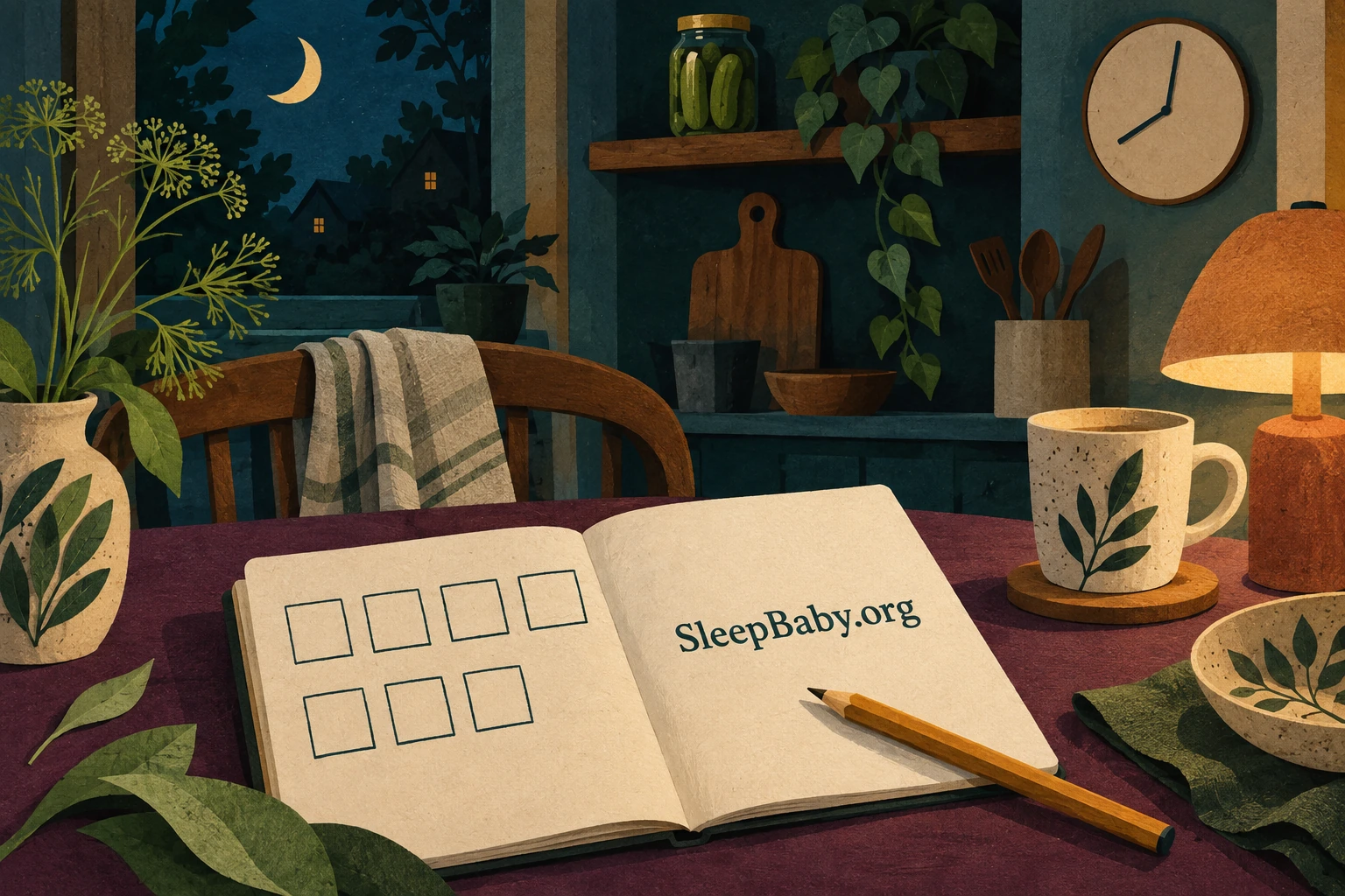 Evening planning notebook with seven blank boxes on a quiet kitchen table.