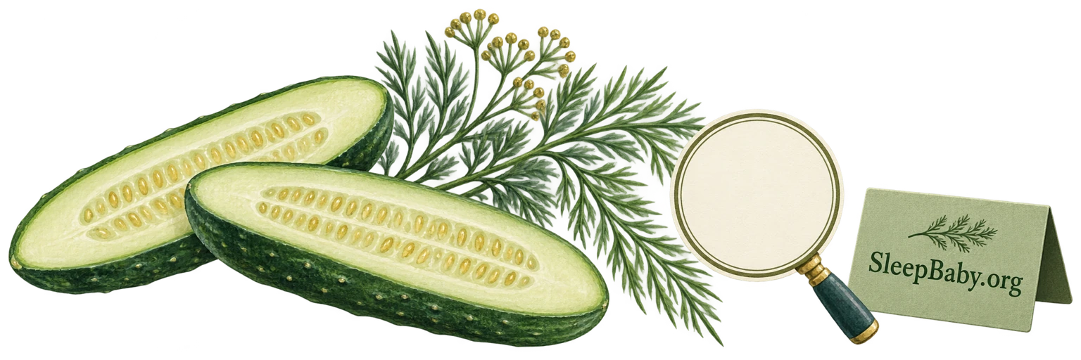 Cucumber halves, herbs, magnifier and pantry card on a transparent background.