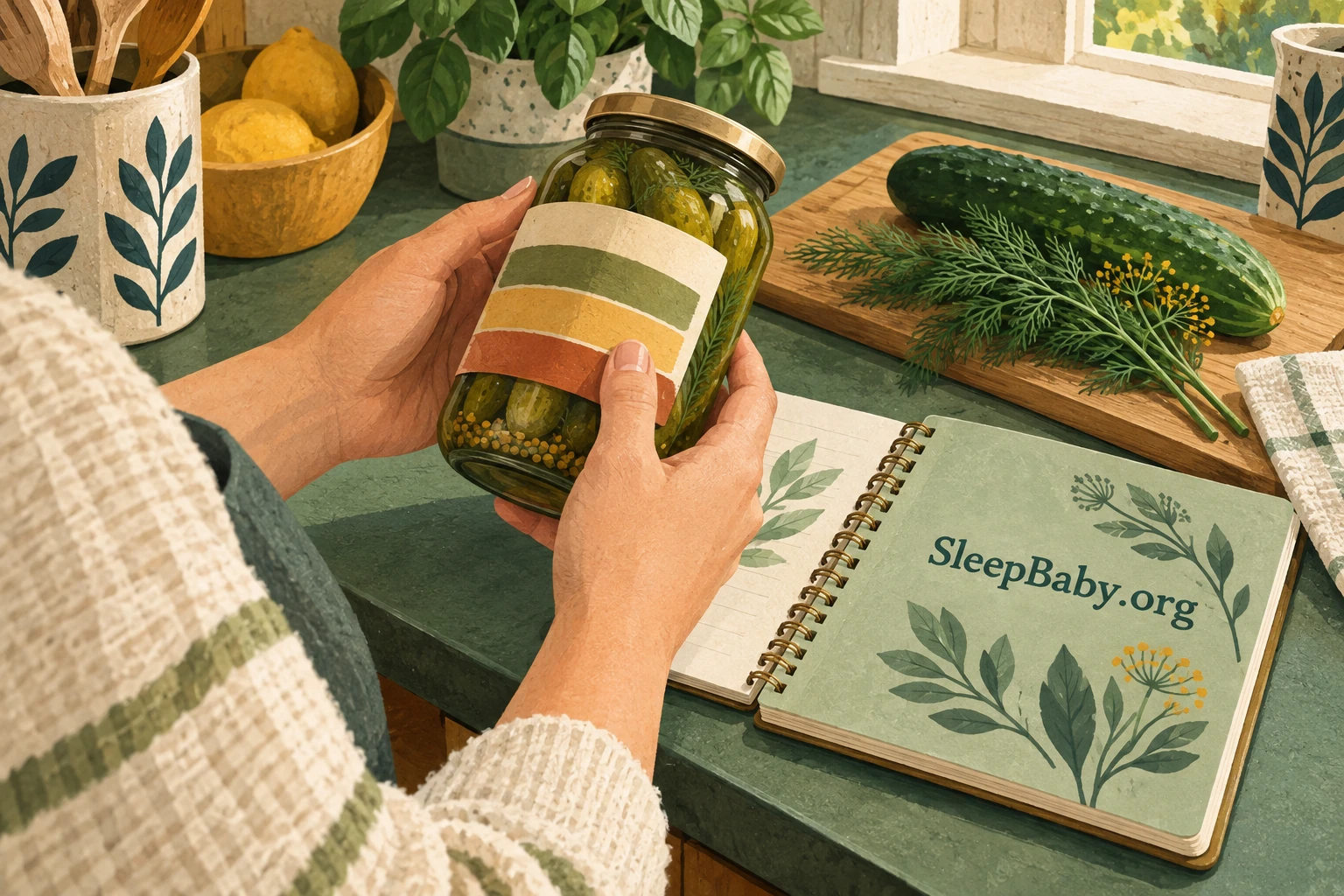 Adult hands turn a closed pickle jar beside a meal notebook.