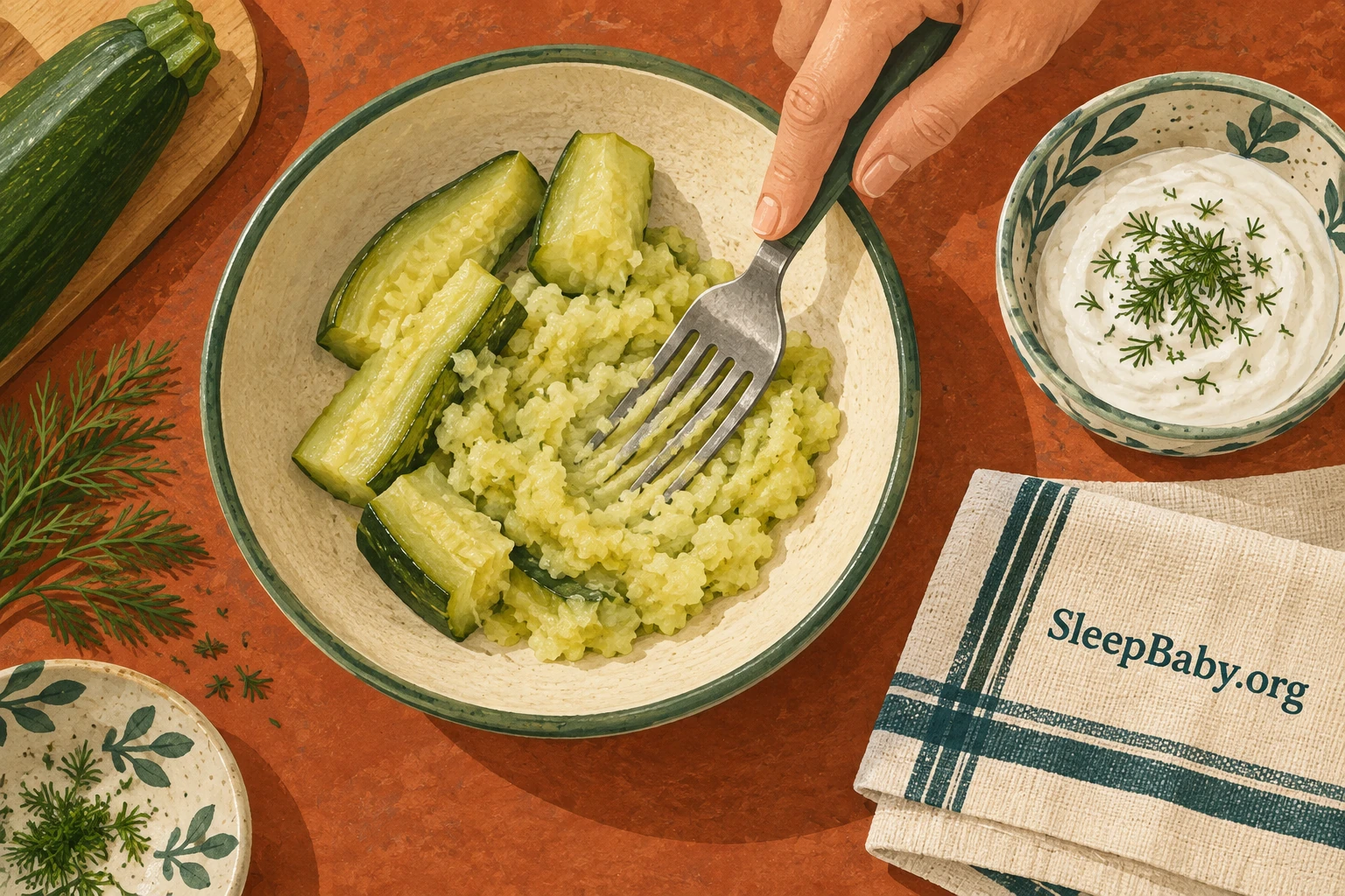 A fork presses cooked zucchini into mash beside a bowl of plain yogurt.