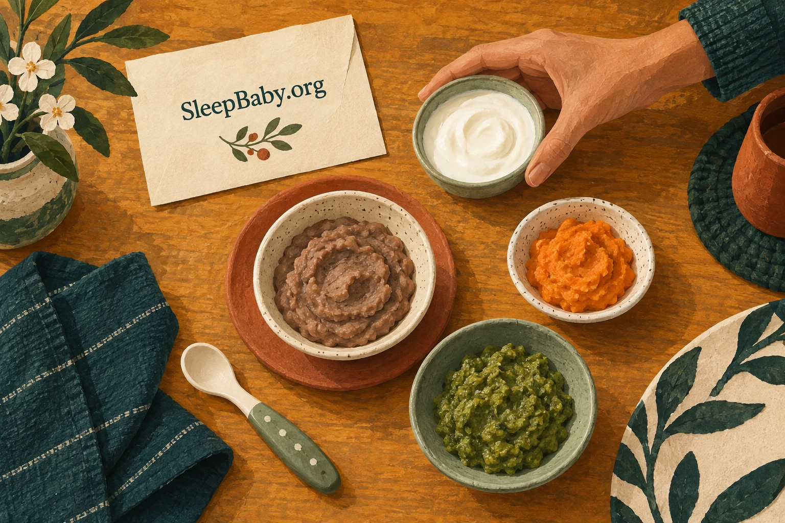 Small bowls of mashed beans, sweet potato and green vegetables beside plain yogurt.