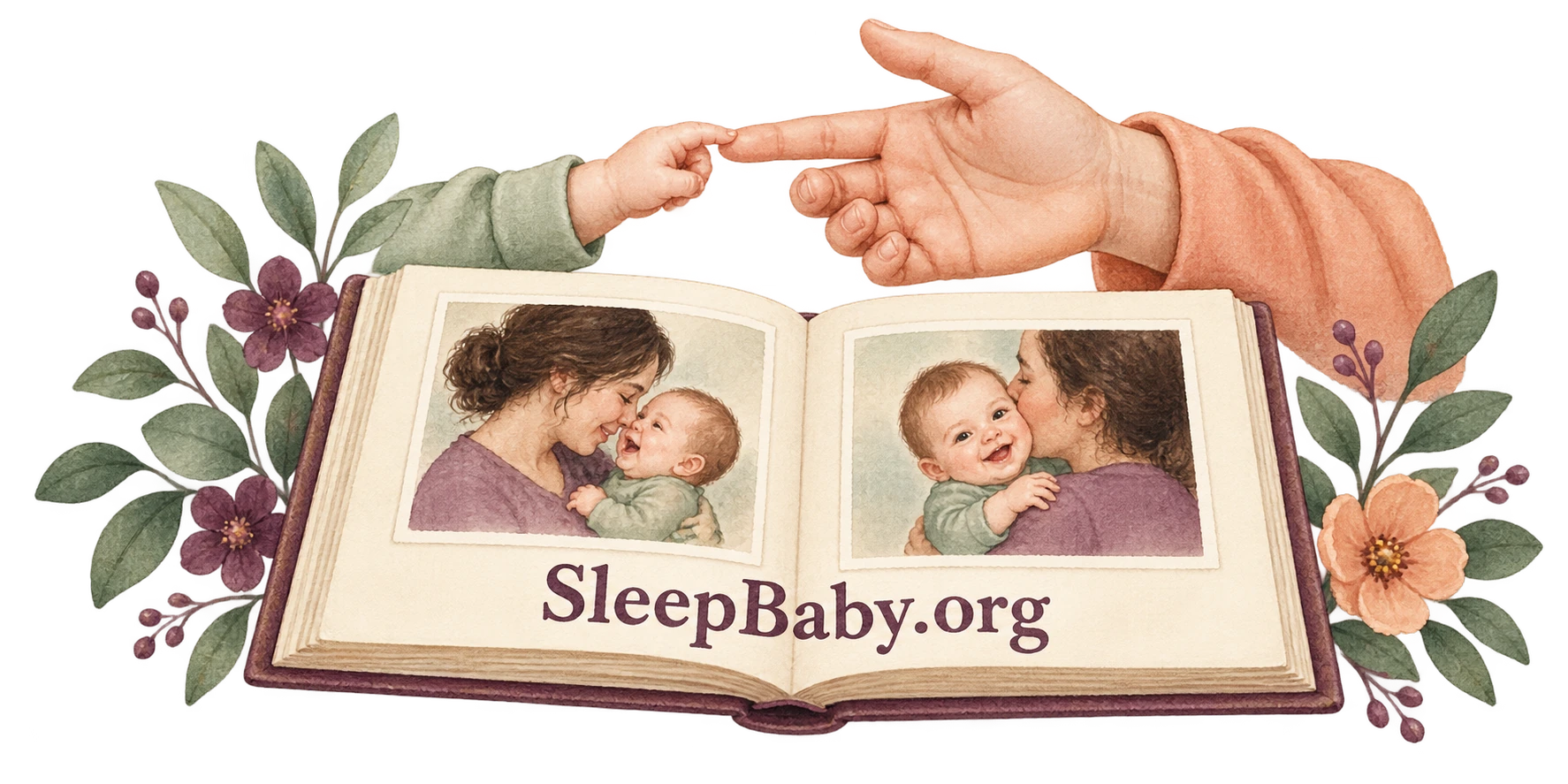 A baby’s hand touches an adult fingertip above a family photo album with small floral accents.