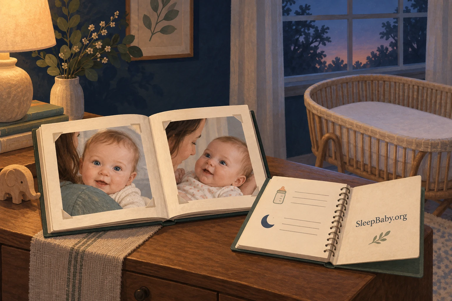 Illustrated baby photo album and SleepBaby.org bedtime notebook on a console, with an empty bassinet in the background.