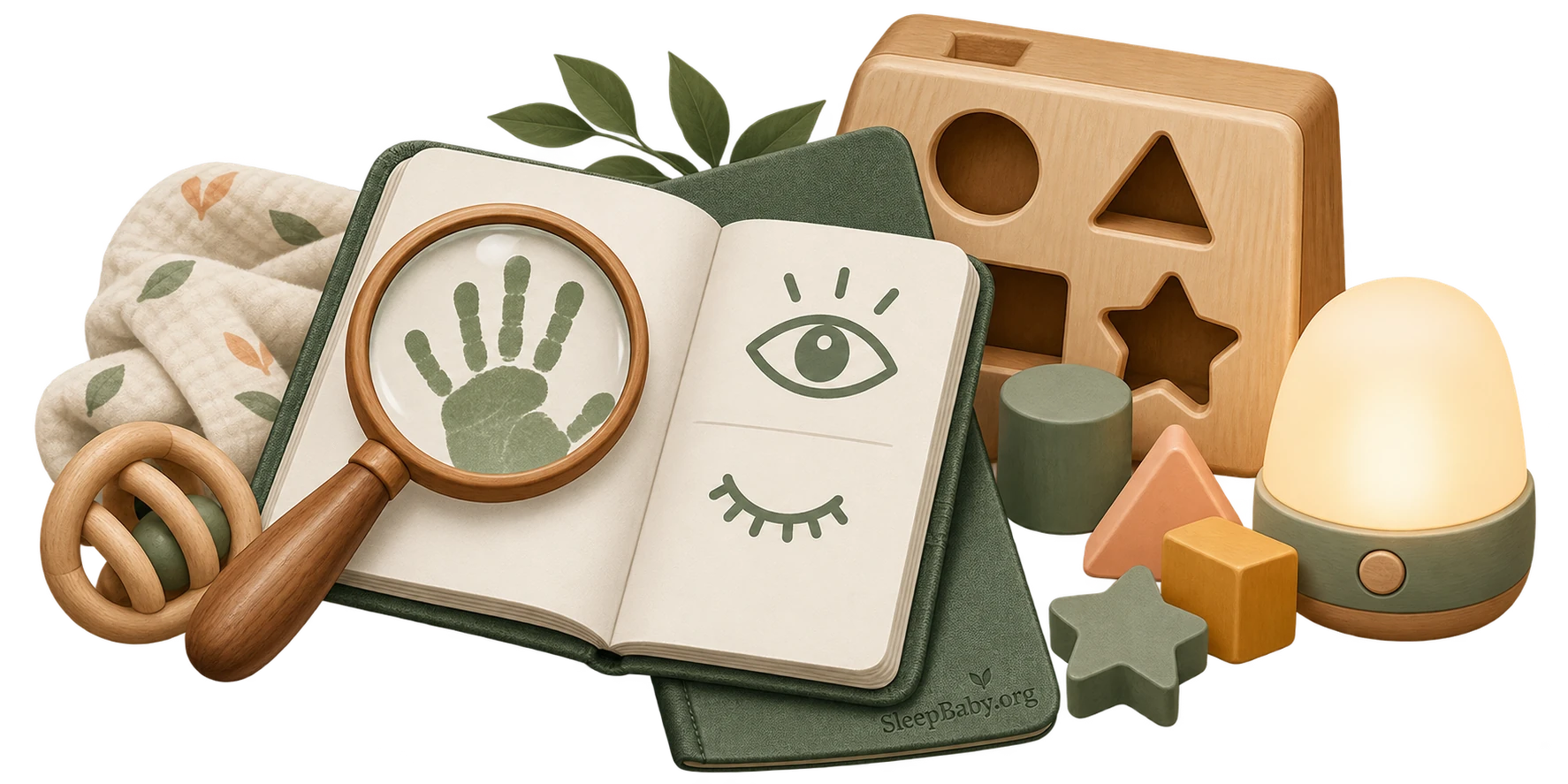 Magnifier rests over a handprint notebook beside a shape sorter and a small glowing lamp.