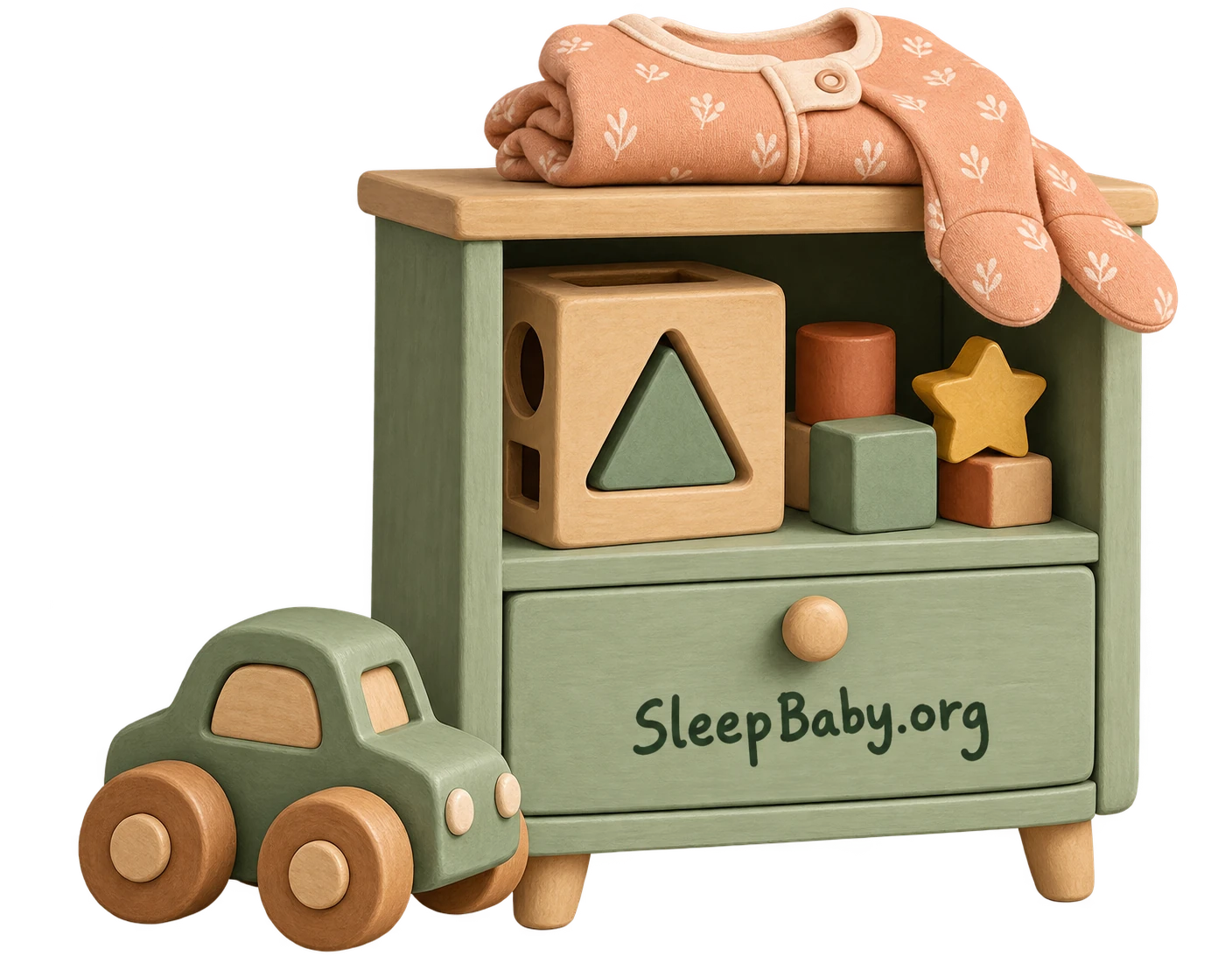 Toy cupboard holds a shape sorter and blocks, with a toy car below and folded pajamas on top.