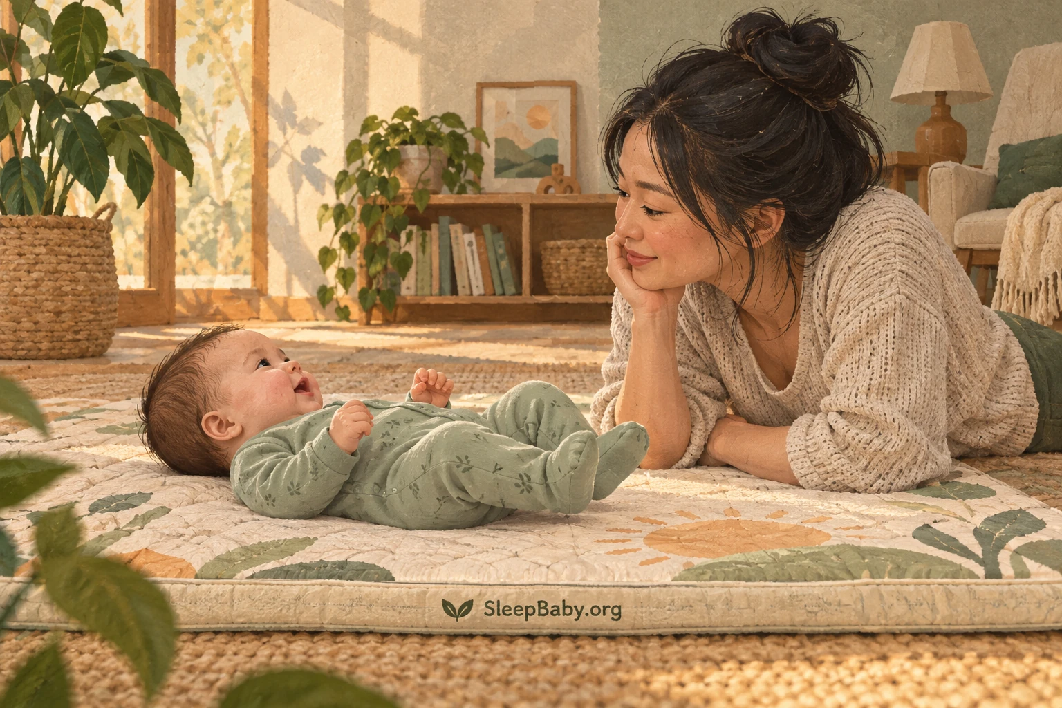 Mother lies beside an awake baby in green pajamas during a quiet face-to-face exchange on a floor mat.