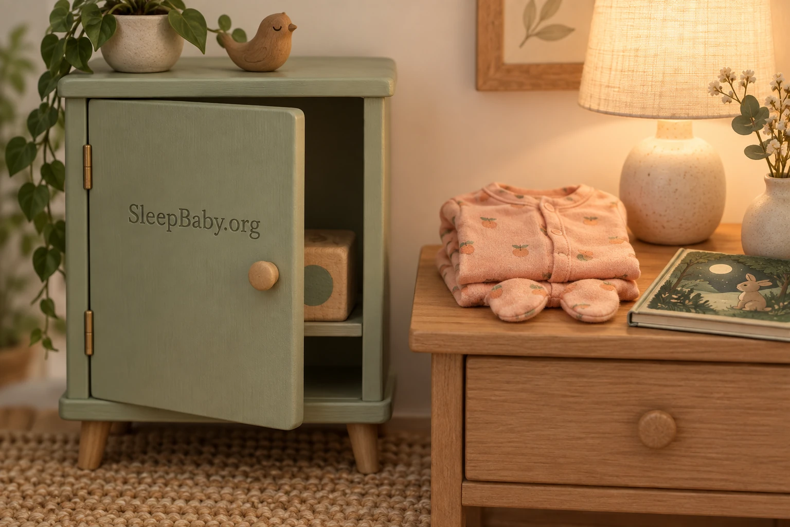 Sage toy cupboard stands beside folded apricot pajamas, a picture book and a warmly lit lamp.