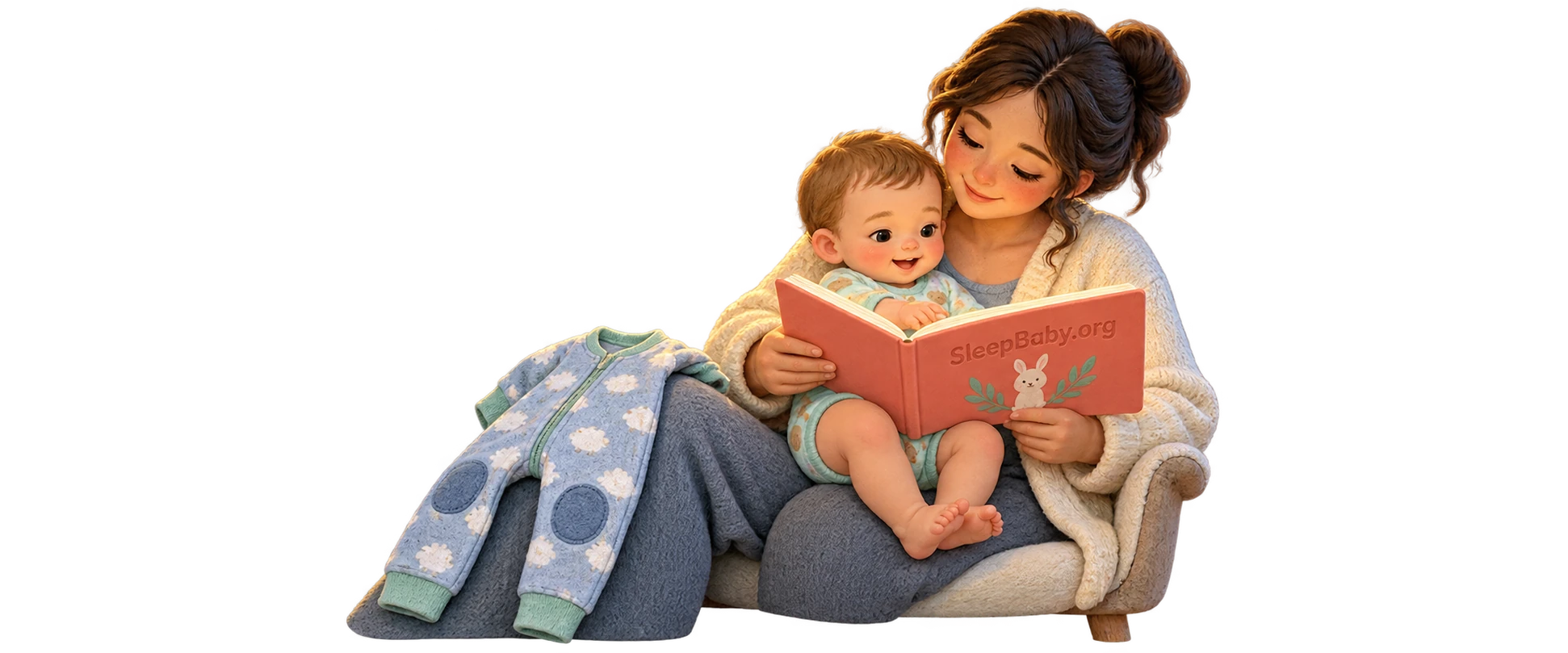 Transparent caregiver-and-baby reading scene with relaxed bent knees, pajamas, and a coral SleepBaby.org book.