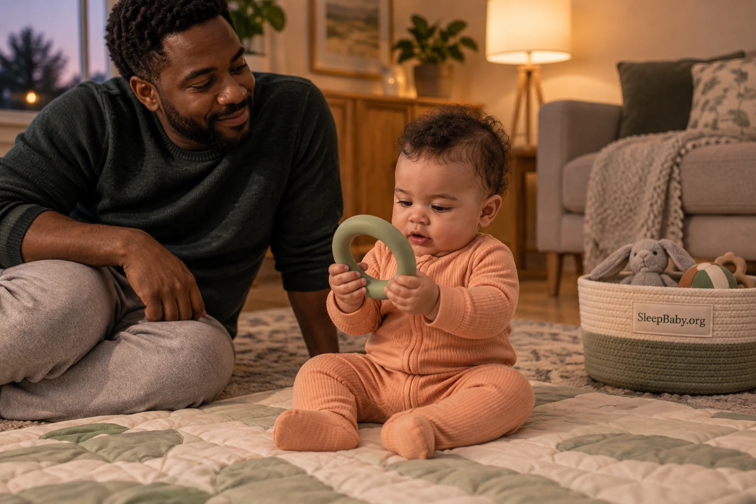 Awake baby in apricot pajamas examines a green ring while a father watches nearby on the floor.