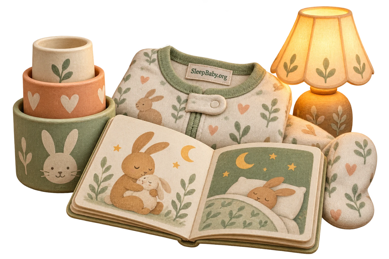 Nesting cups and an open rabbit picture book sit before footed pajamas and a warm lamp.