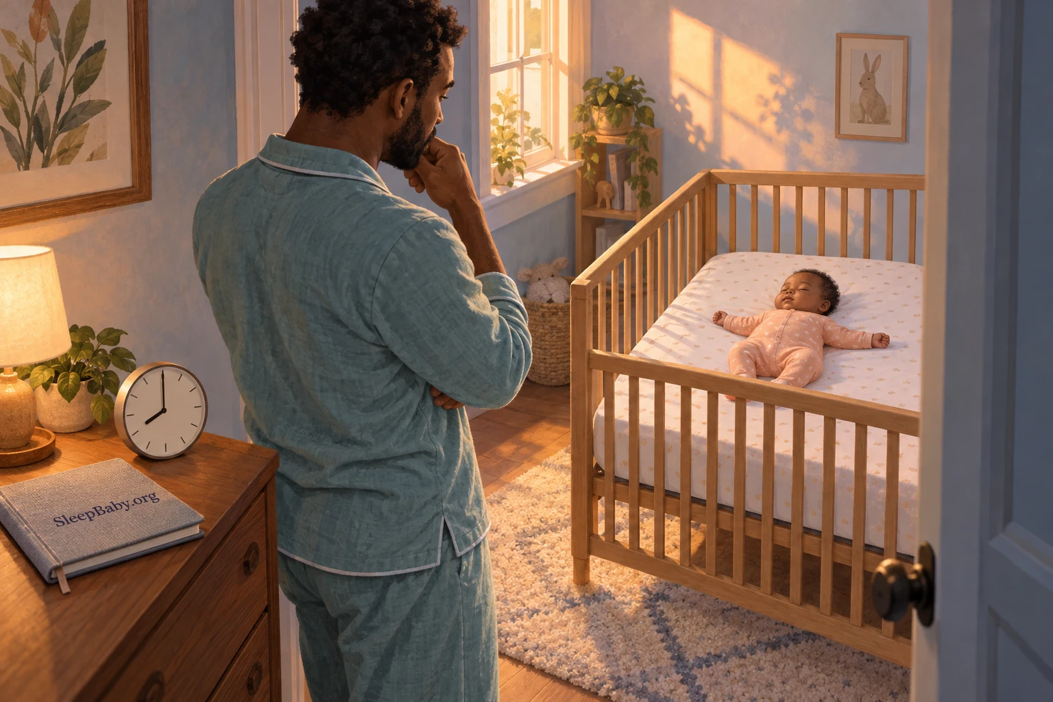 An awake father checks a baby sleeping on their back in a bare crib beside a morning clock.