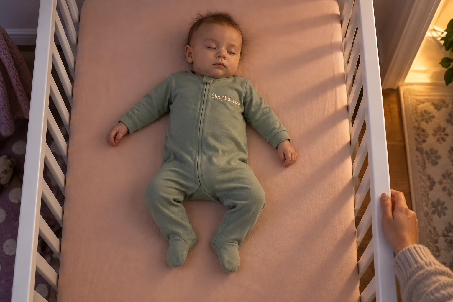 Baby sleeps on their back in sage pajamas on a bare crib mattress with a fitted sheet.