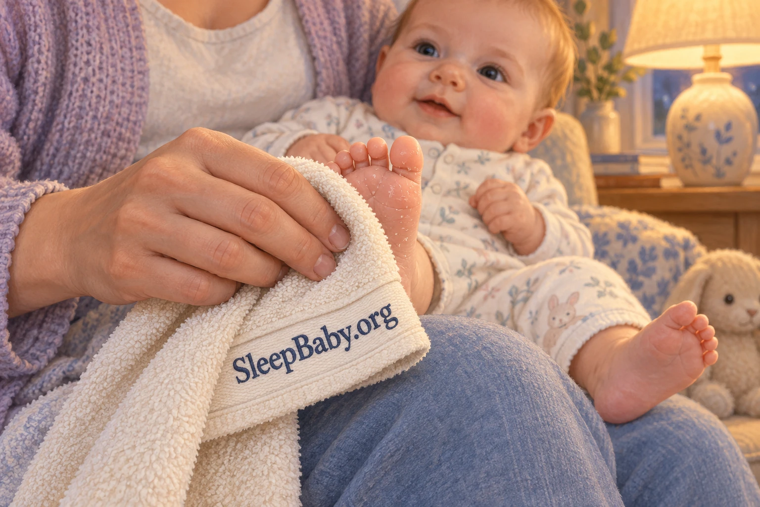 A caregiver lightly pats an awake baby’s foot with the corner of a soft towel during evening care.