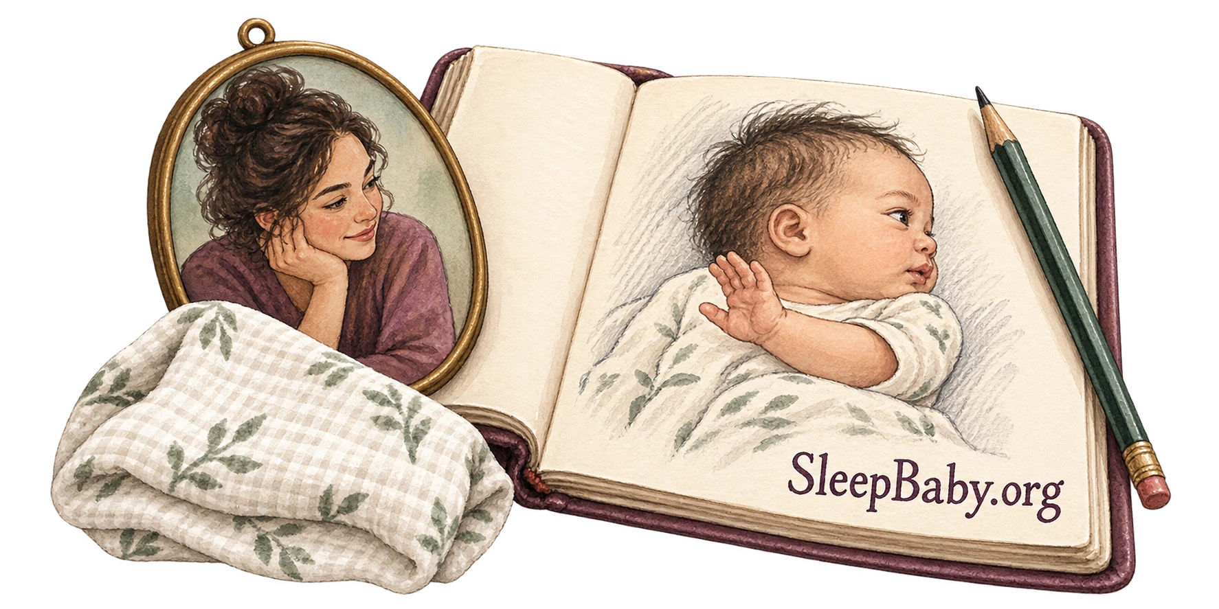 A notebook sketch of a baby looking away beside a parent portrait, feeding cloth and pencil.