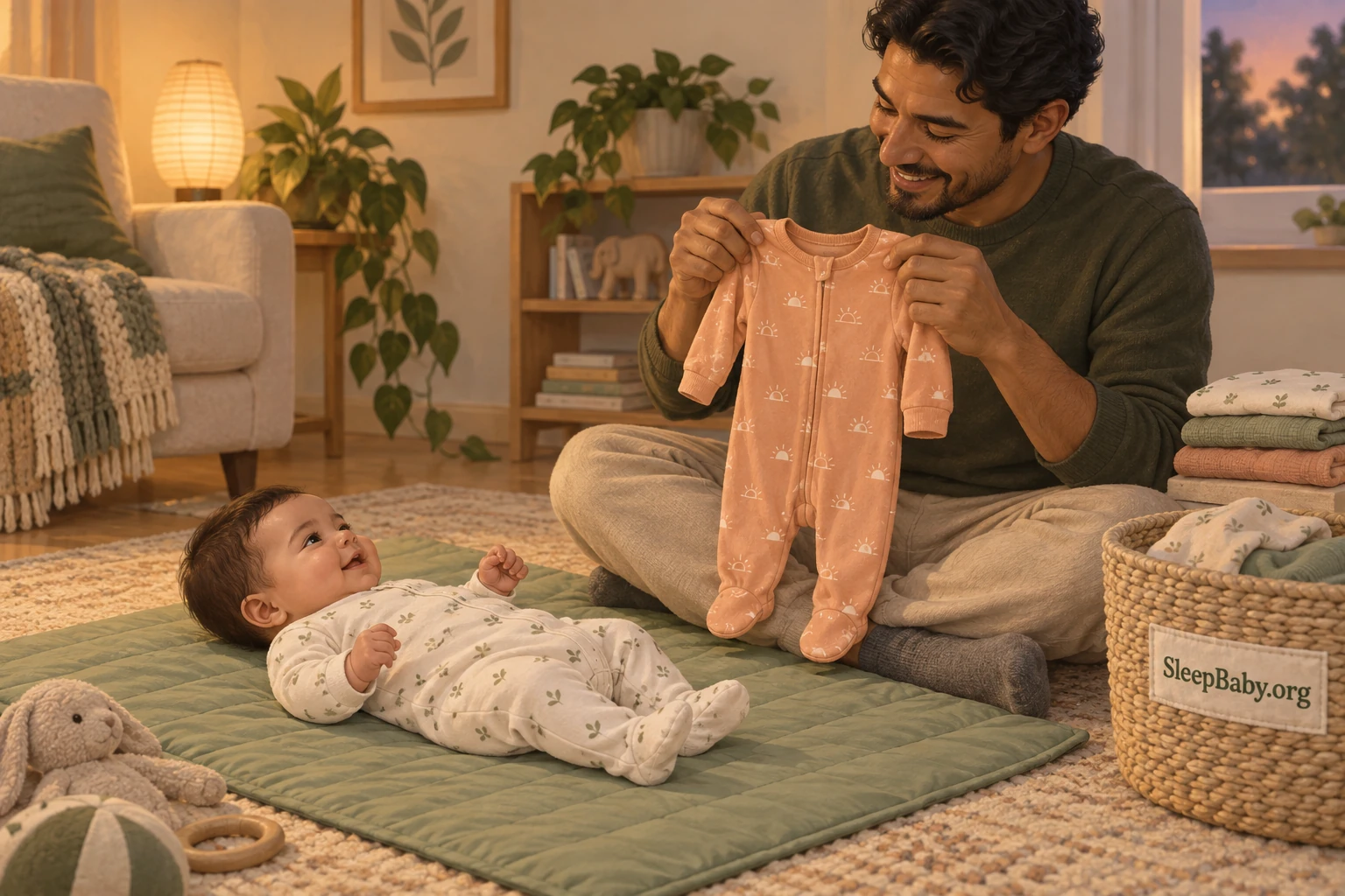 Father shows an apricot pajama outfit to an awake baby lying on a green floor mat beside him.