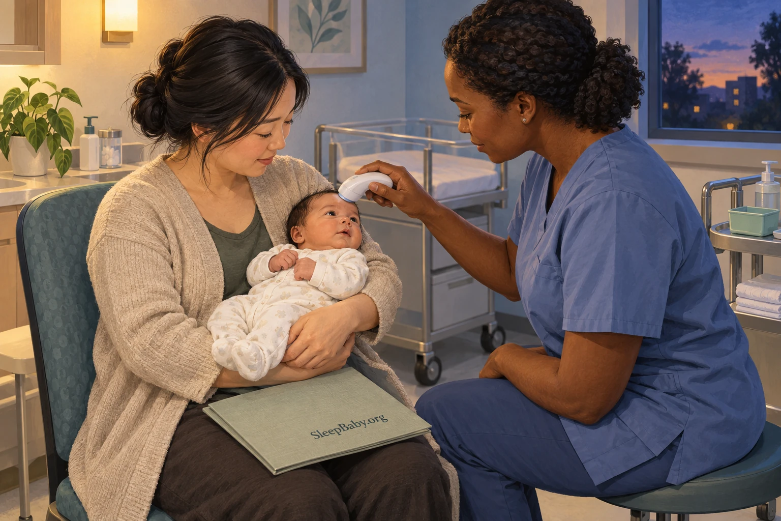 Illustration of a clinician using a bilirubin meter on a newborn's forehead while a parent supports the baby.