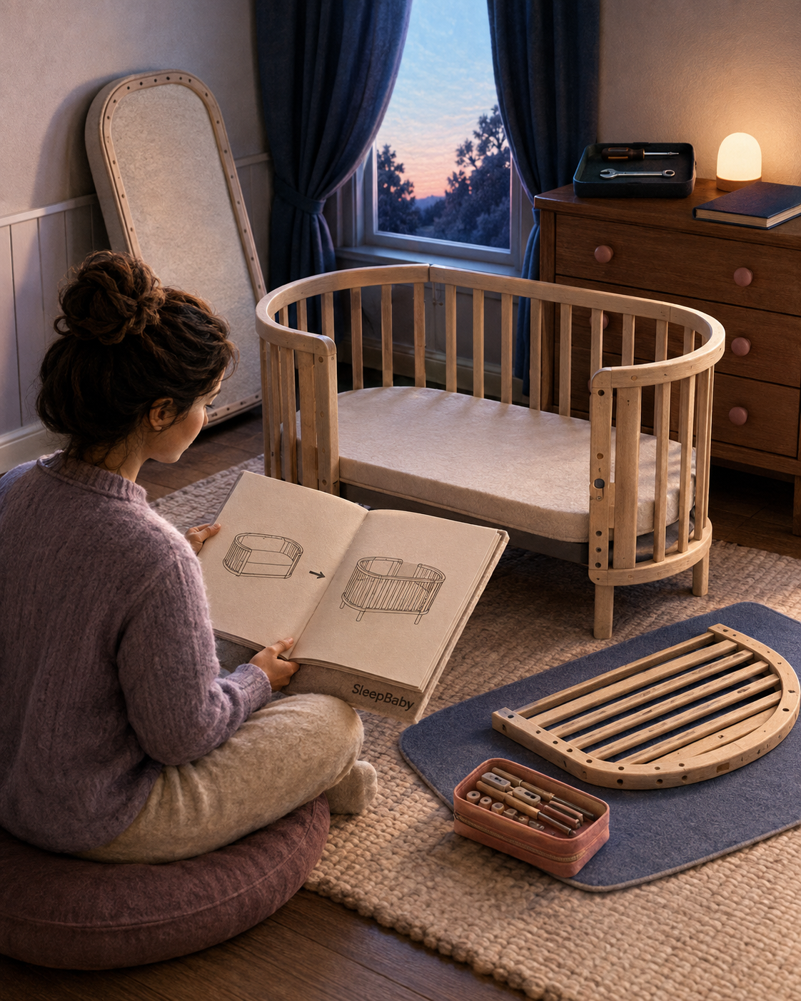 Caregiver reads a picture-only conversion manual beside an empty rounded crib while parts and tools remain organized away from the sleep surface.