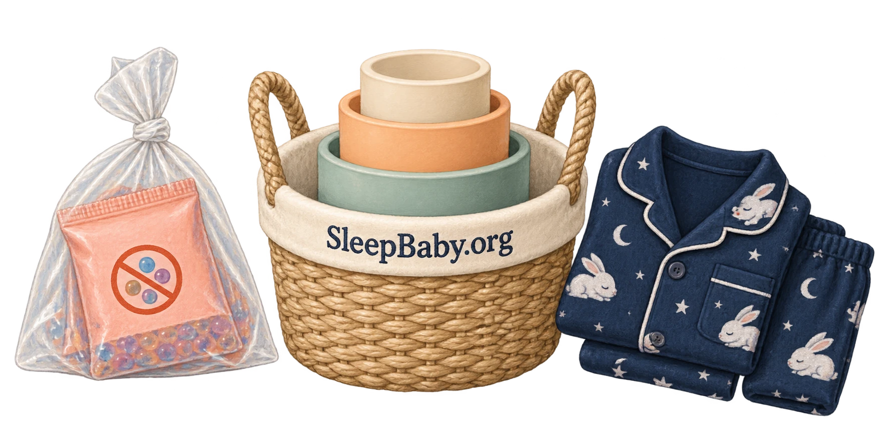 A tied bag of removed water beads, a basket of large nesting cups, and folded rabbit-pattern pajamas on a transparent background.