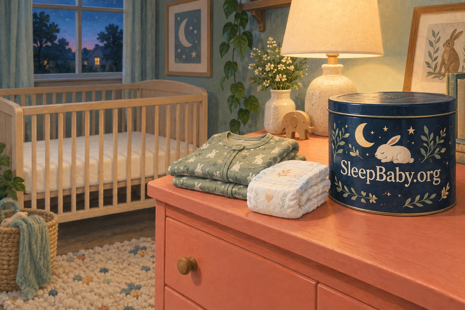 Folded pajamas, clean diapers and a care tin sit on a dresser beside an empty crib with only a fitted sheet.