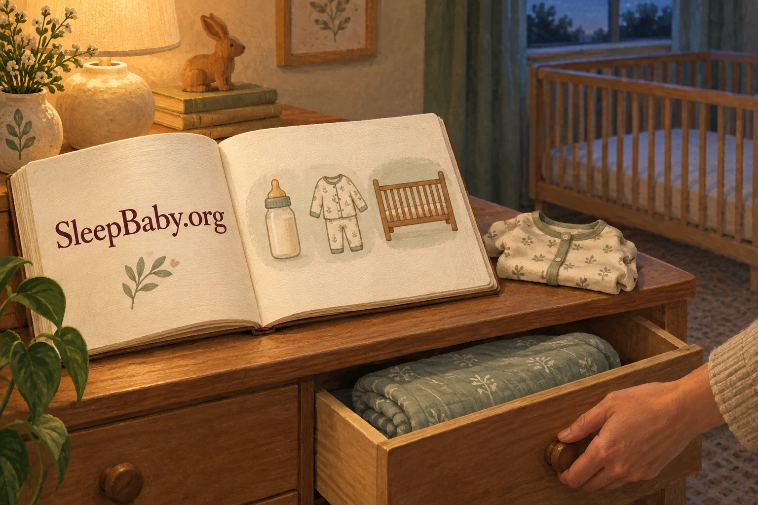 Illustrated bedtime notes, pajamas and a folded swaddle beside an empty crib.