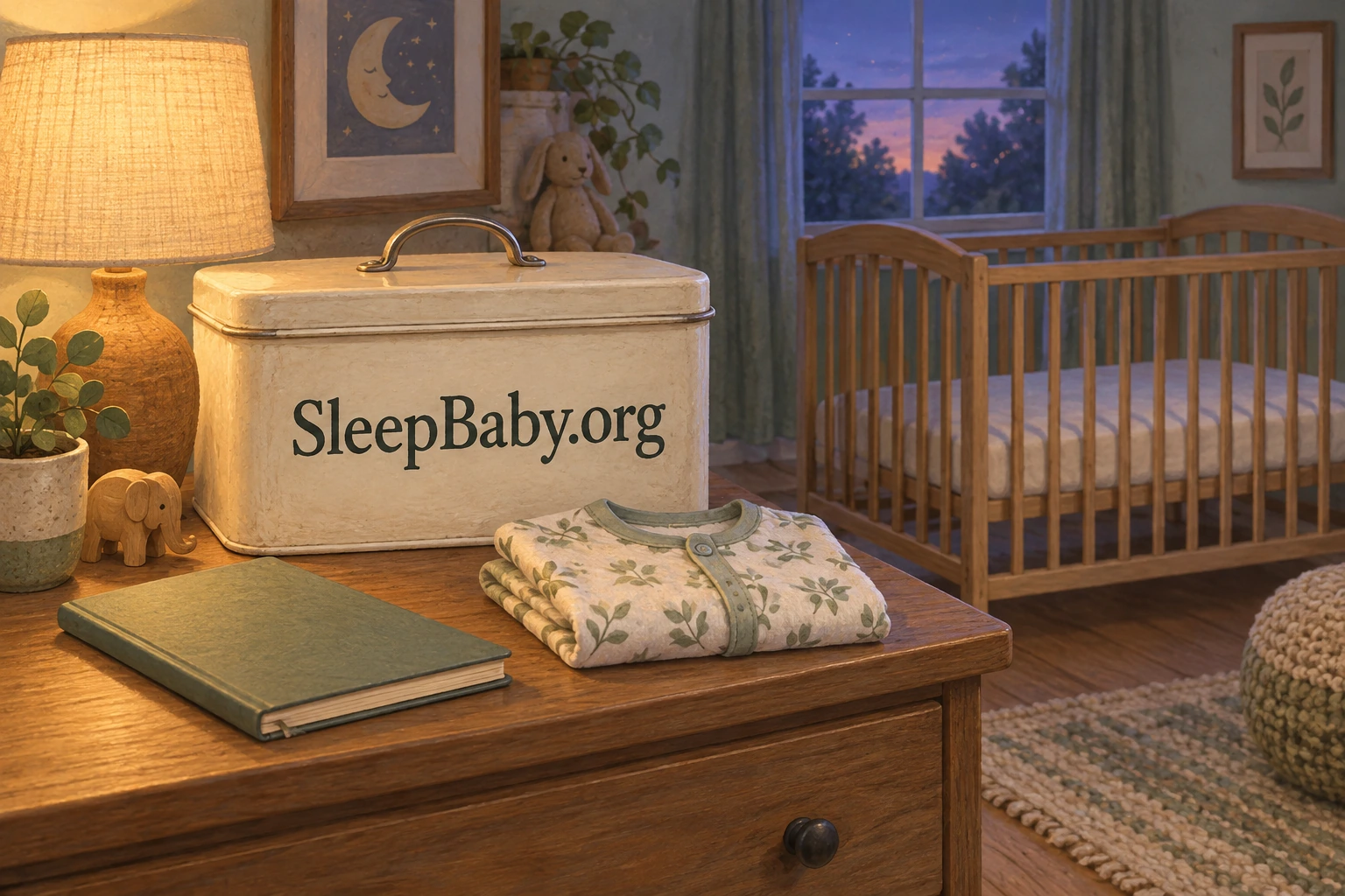 A closed care tin, notebook and folded pajamas sit on a dresser outside an empty crib with only a fitted sheet.
