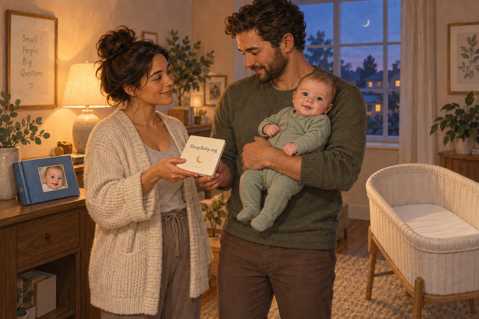 Two awake caregivers exchange a SleepBaby.org notebook while one holds their awake baby beside an empty bassinet with a fitted sheet.