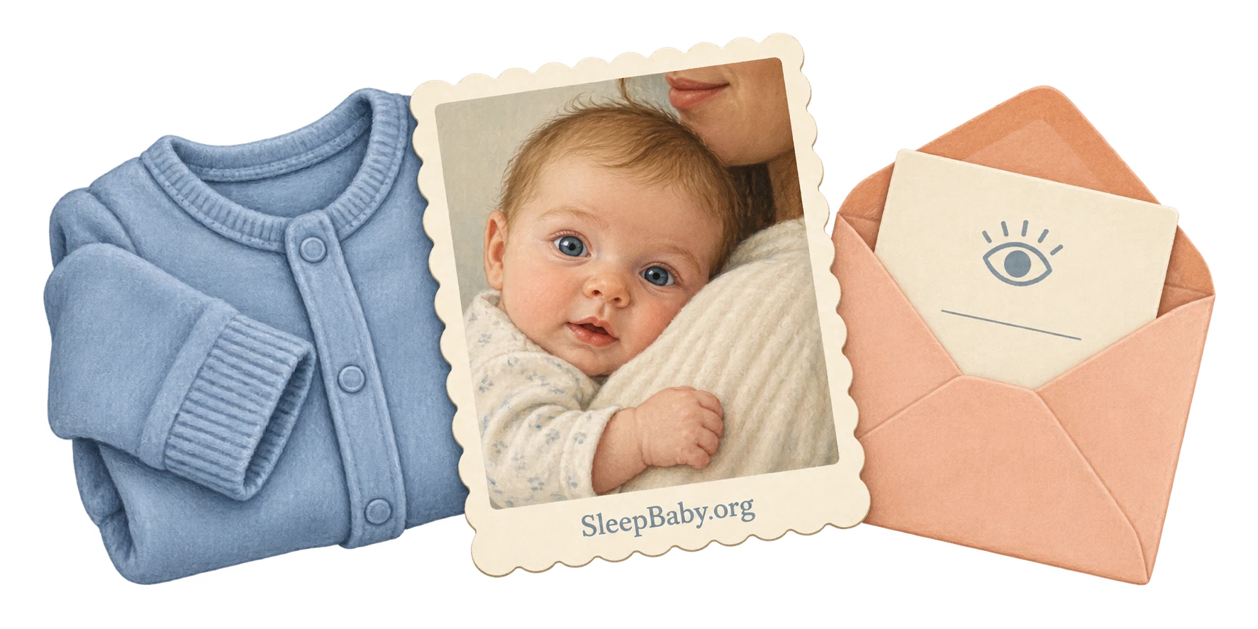 Transparent painted cluster of a blue-eyed baby portrait with SleepBaby.org imprint, a folded blue sleeper and an eye-marked photo envelope.