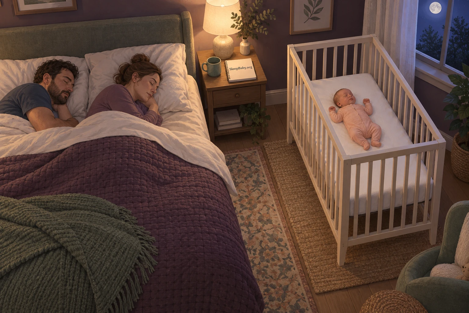 Two parents asleep in their bed while their newborn lies on their back in a separate clear crib nearby.