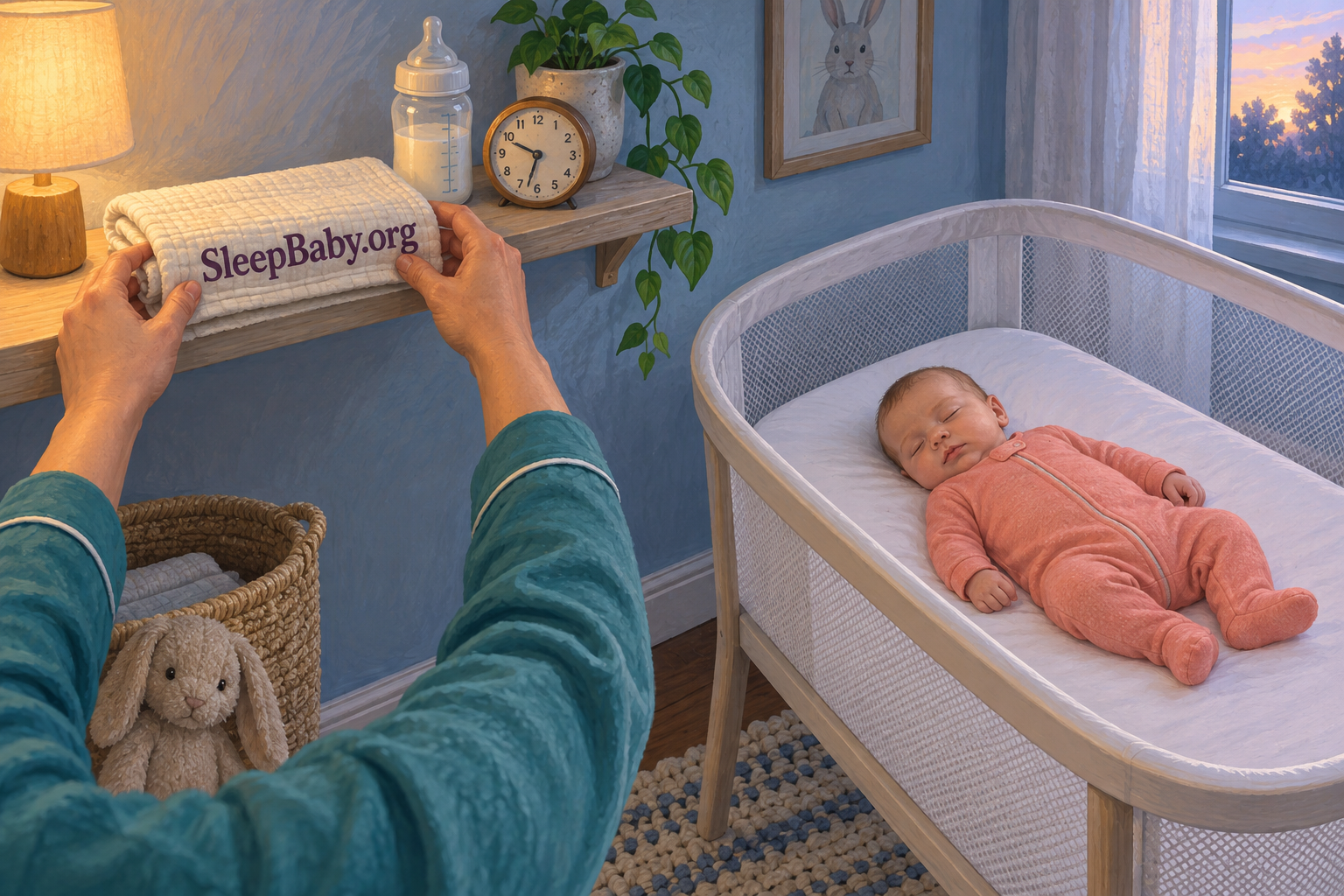 Illustration of hands folding a burp cloth on a separate shelf while a baby lies on their back in a clear bassinet.