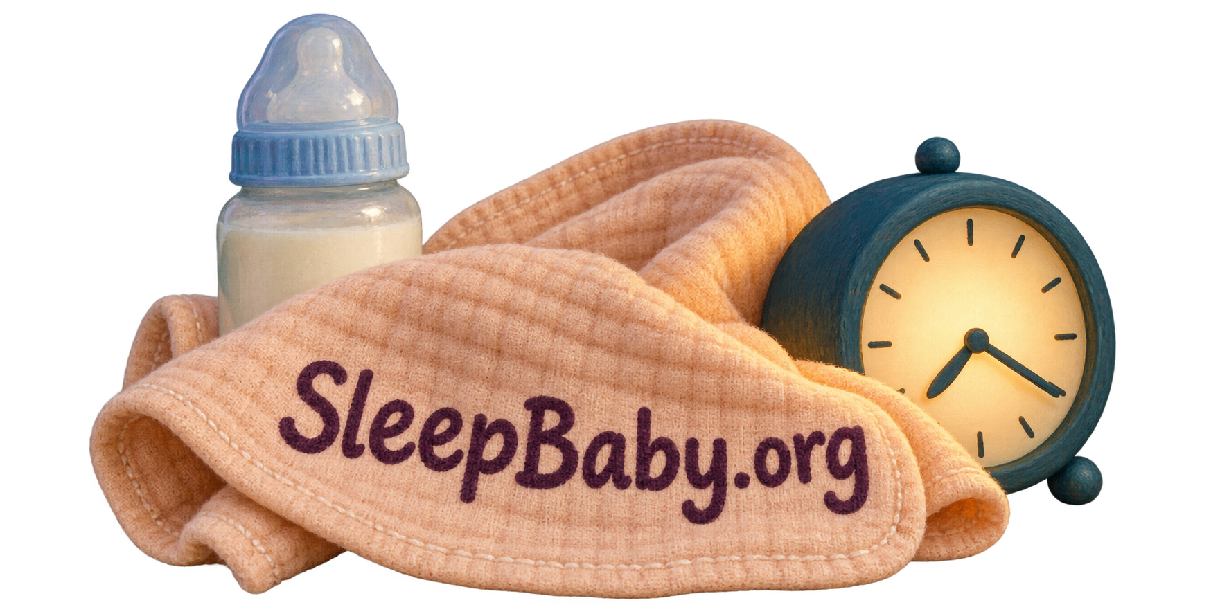 A peach burp cloth, capped milk bottle, and small clock arranged on a transparent background.