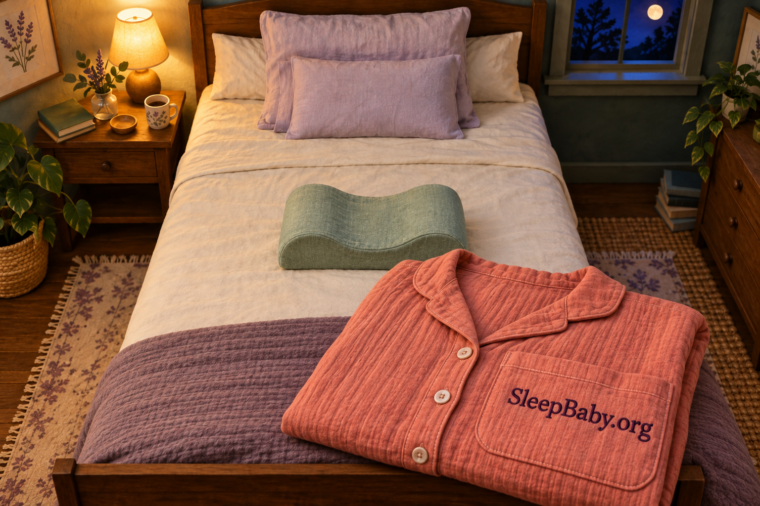 Adult bed has a low upper-body pillow arrangement and a separate pillow at knee level.