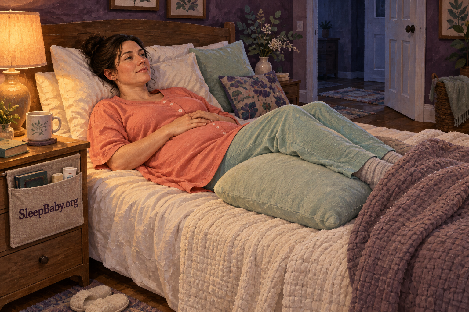 Illustration of an adult resting on her back with pillows behind her upper body and beneath her knees.