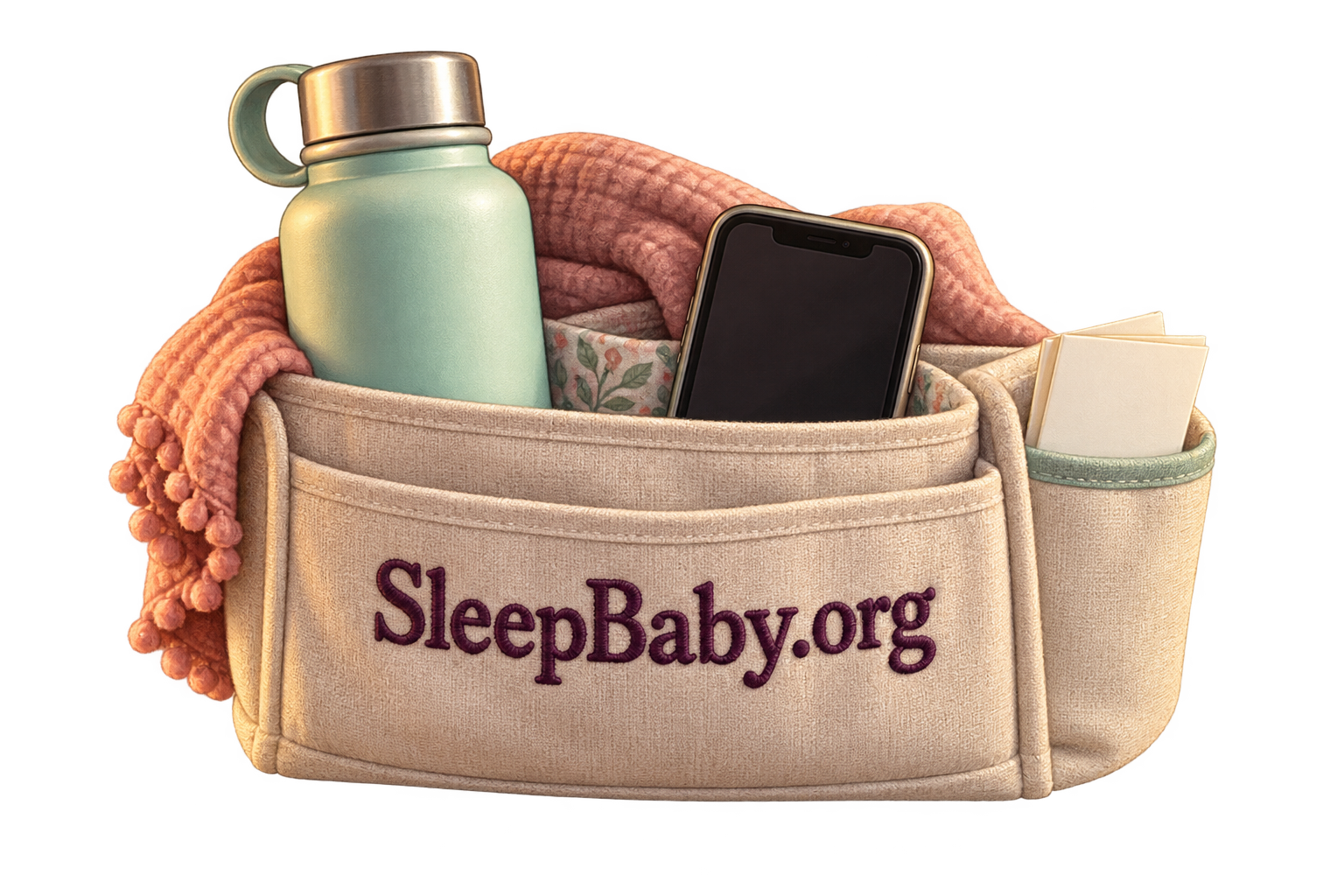 Fabric bedside organizer holds a water bottle and a phone beside a folded care note.
