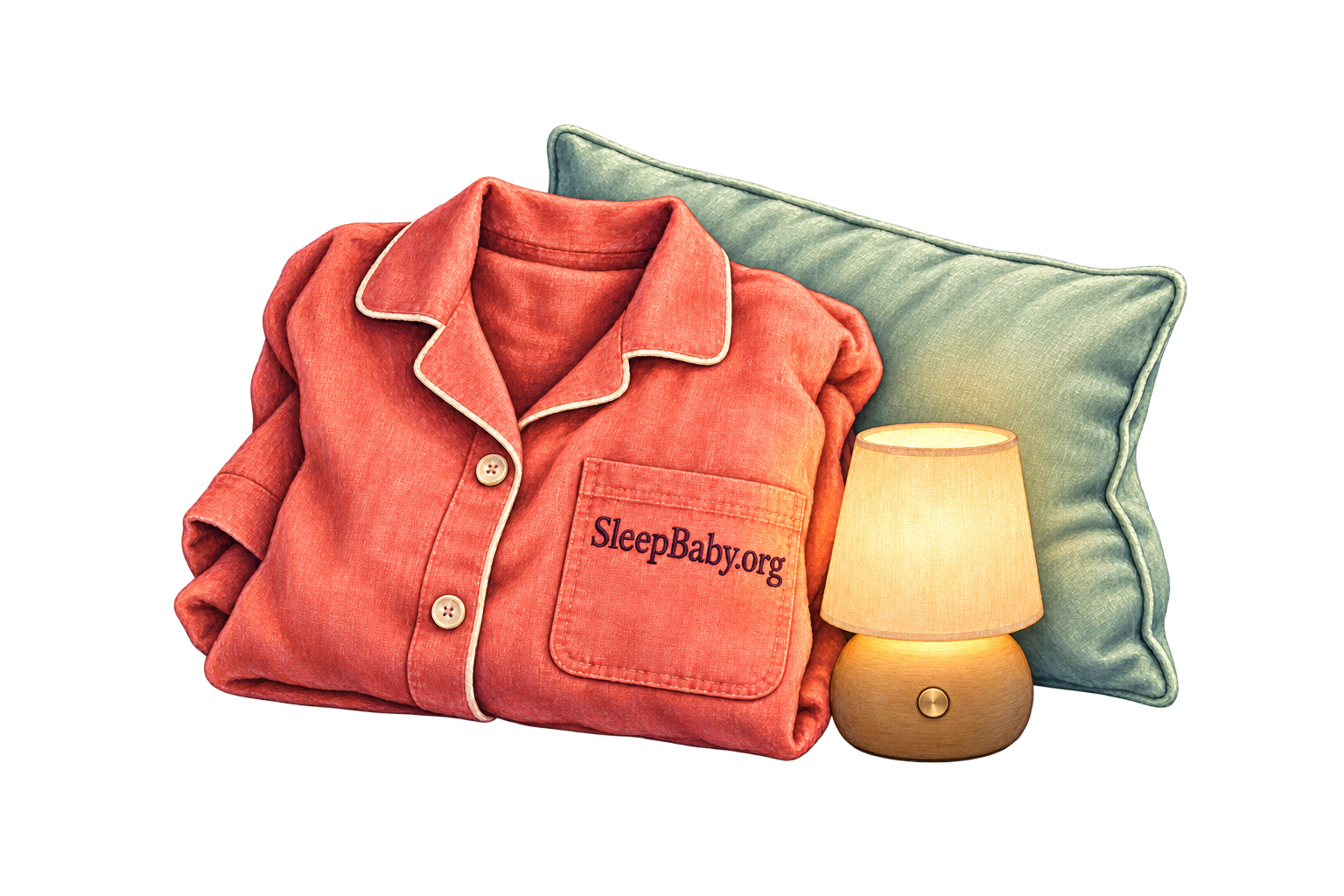 Folded adult nightshirt beside a small knee pillow and a warm bedside lamp.
