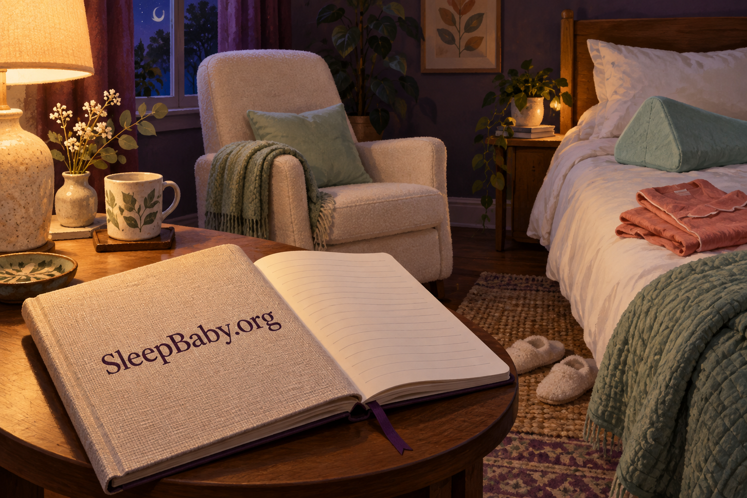 Cloth-covered night-care notebook lies open beside an empty feeding chair and an adult bed with support pillows.